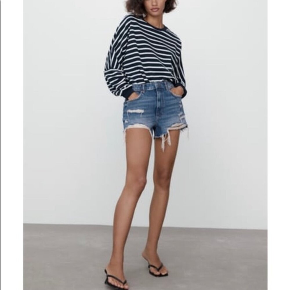 Zara High Waisted Destroyed Denim Shorts